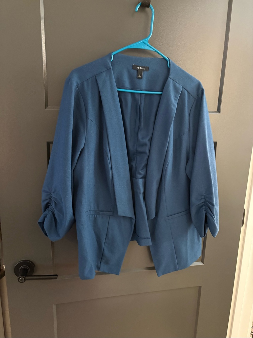 torrid navy blue open-front ruched-sleeve blazer